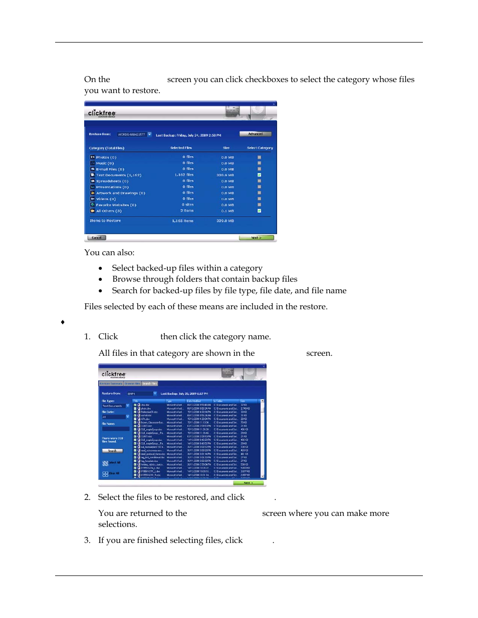 How do i choose individual files for restore, Ow do, Choose individual files for restore | 126 in the | Clickfree Transformer SE User Manual | Page 126 / 132