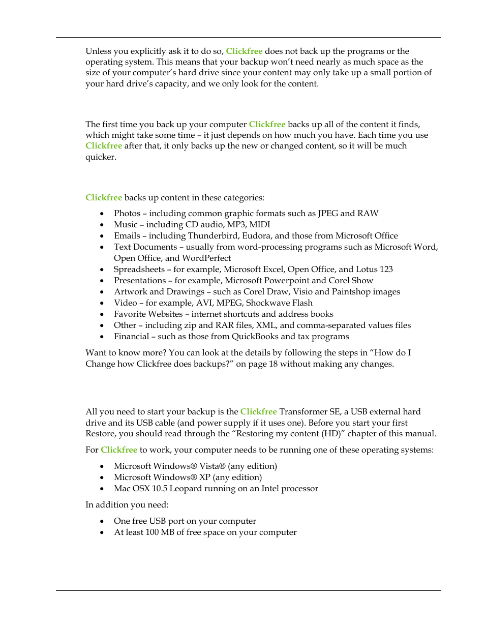 What content categories does clickfree back up, What do i need before i start, T every t | Does clickfree back up all of my conten, What content categories does clickfree back up? 13, Hat do, Need before, Start | Clickfree Transformer SE User Manual | Page 13 / 132