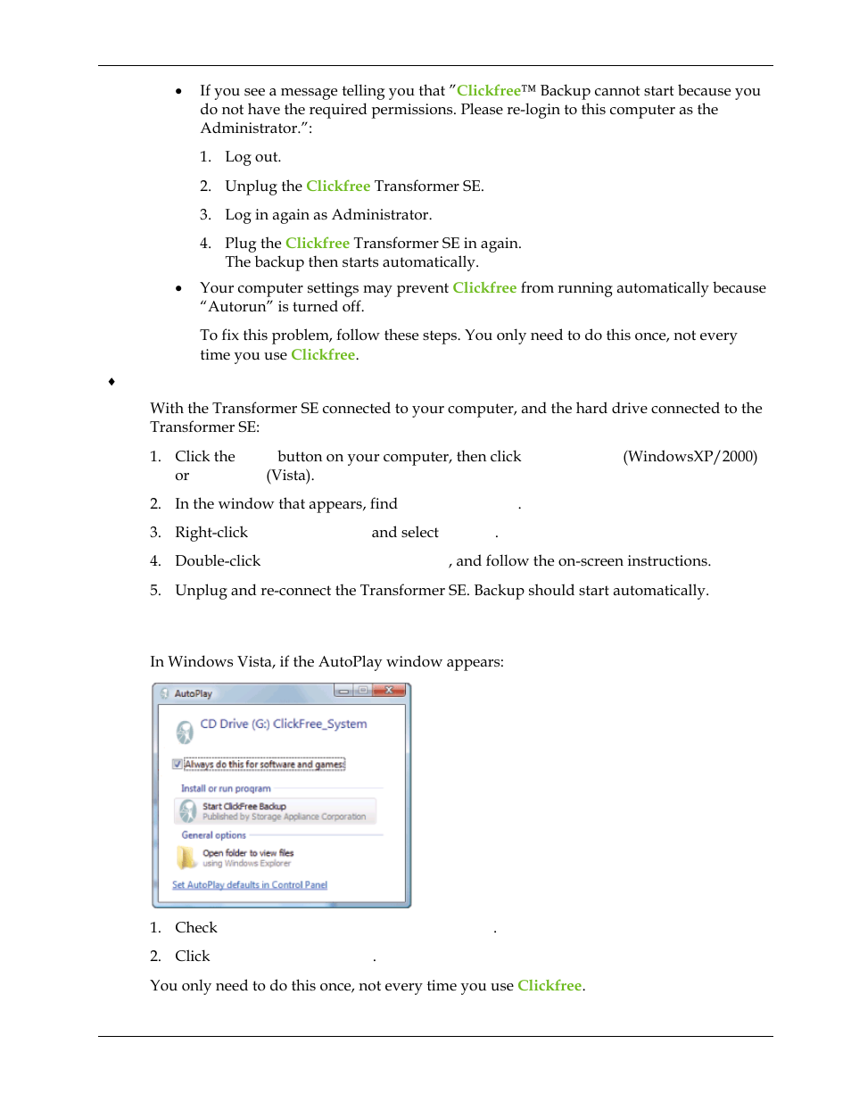 What if the vista autoplay window appears, What if the vista autoplay window appears? 17 | Clickfree Transformer SE User Manual | Page 17 / 132