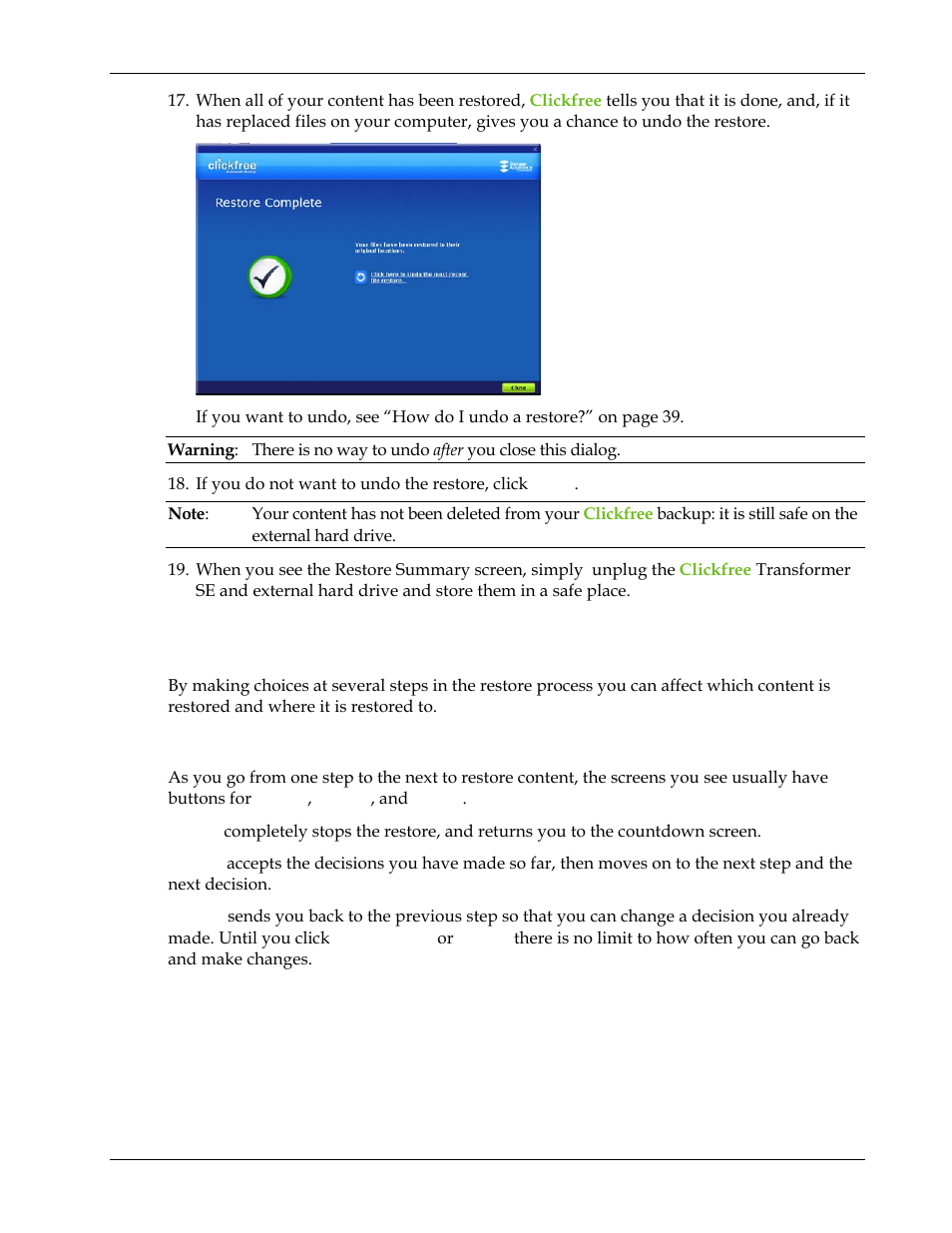 How do i change how clickfree restores content | Clickfree Transformer SE User Manual | Page 32 / 132