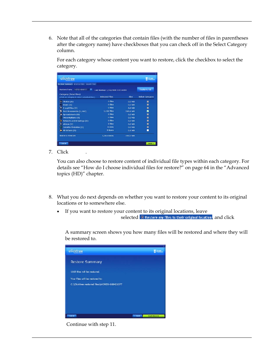 Choosing categories of content to be restored, Choosing where to restore content to, Choosing the computer to restore from | Clickfree Transformer SE User Manual | Page 34 / 132