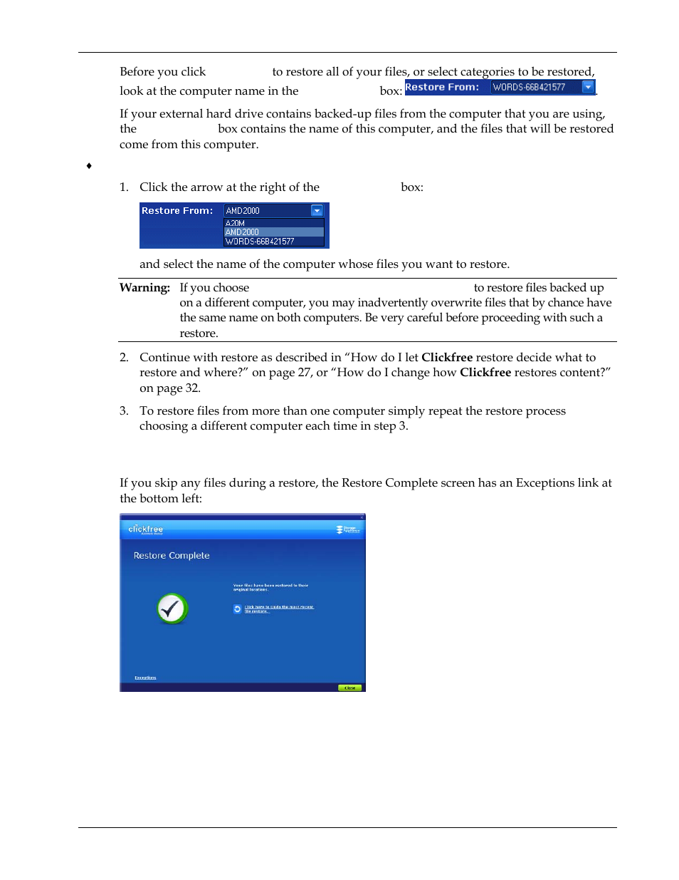 Restore completed with exceptions, Puters, Nd how can | Undo a restore, W do, Restore from multiple com, Restore, Completed with exceptions | Clickfree Transformer SE User Manual | Page 38 / 132