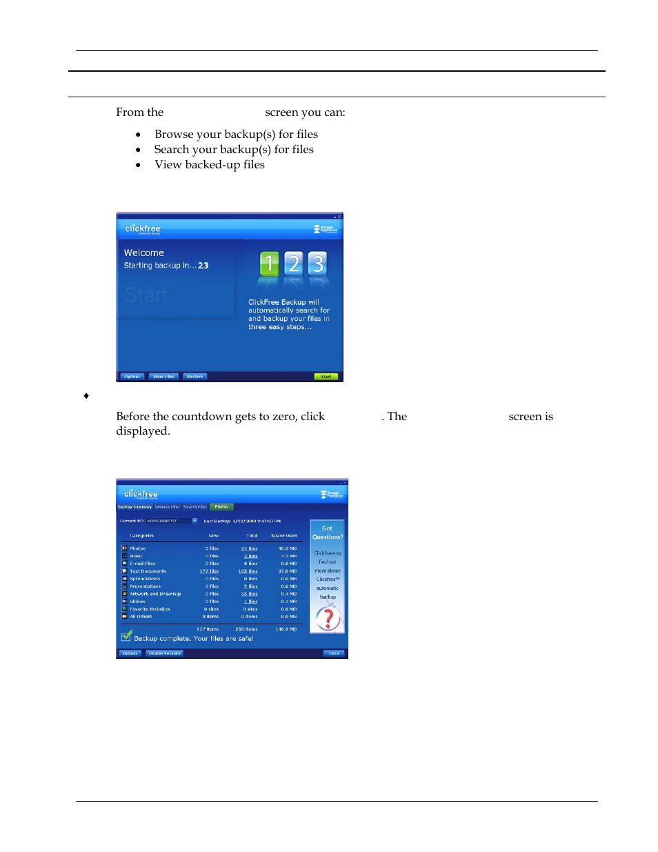 Browsing, searching & viewing my files (hd), Starting from the welcome screen, From the backup summary screen | G my files, Hd) 41, Wsing, Earching, Iewin | Clickfree Transformer SE User Manual | Page 41 / 132