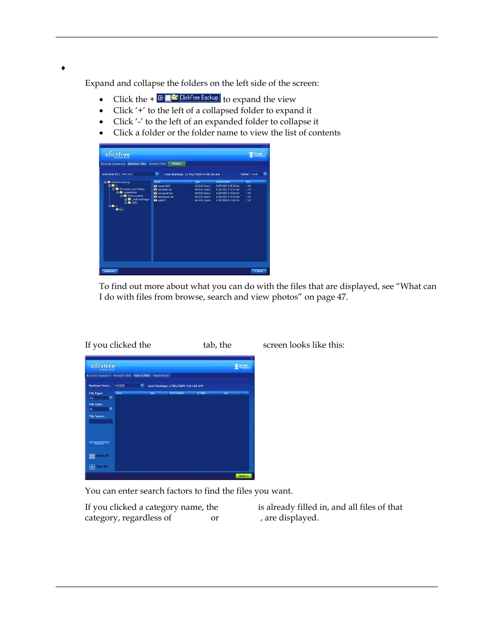 How do i browse my backed-up files, How do i search for my backed-up files | Clickfree Transformer SE User Manual | Page 45 / 132