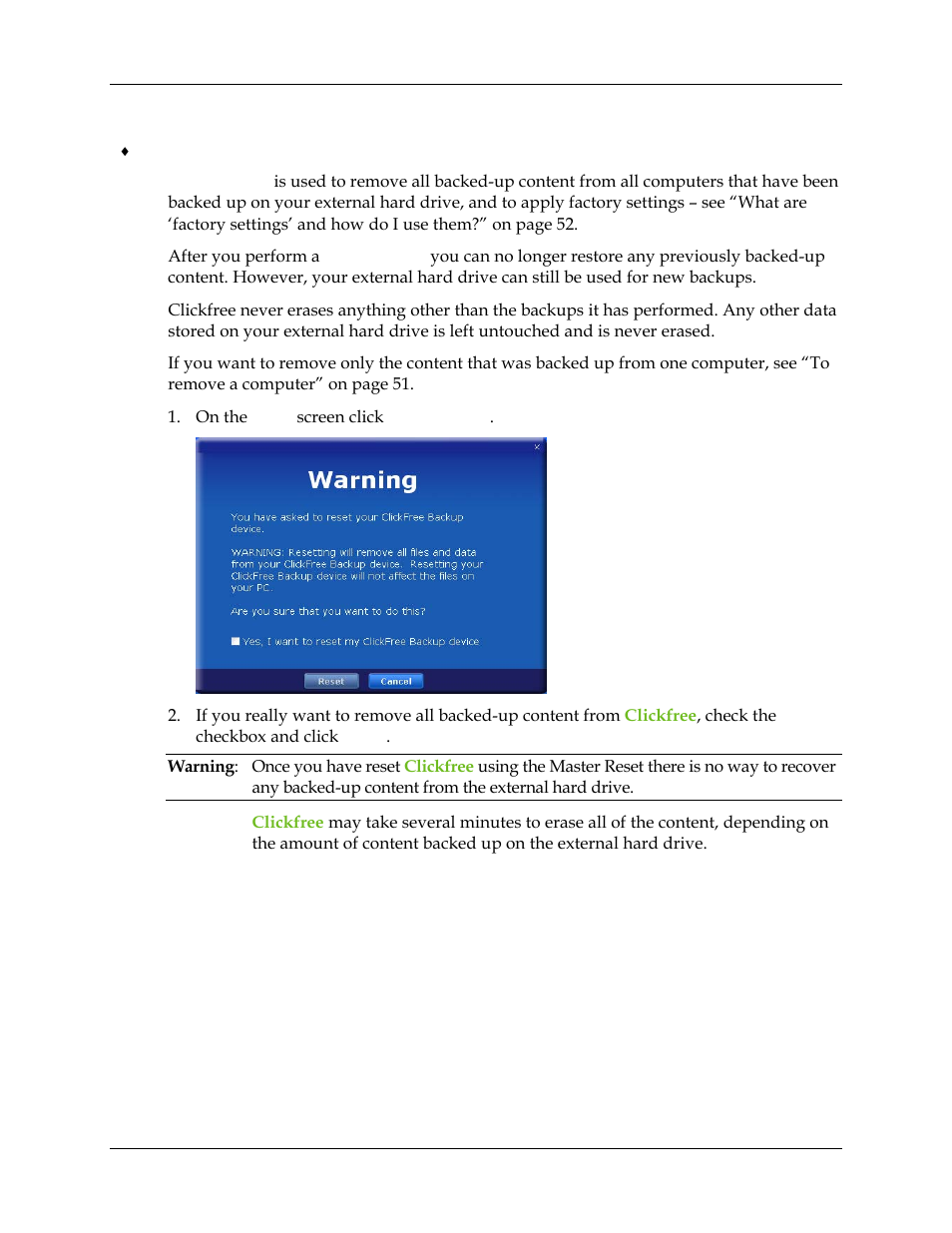 Master reset | Clickfree Transformer SE User Manual | Page 54 / 132