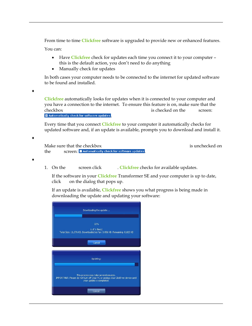 Updating clickfree software | Clickfree Transformer SE User Manual | Page 55 / 132