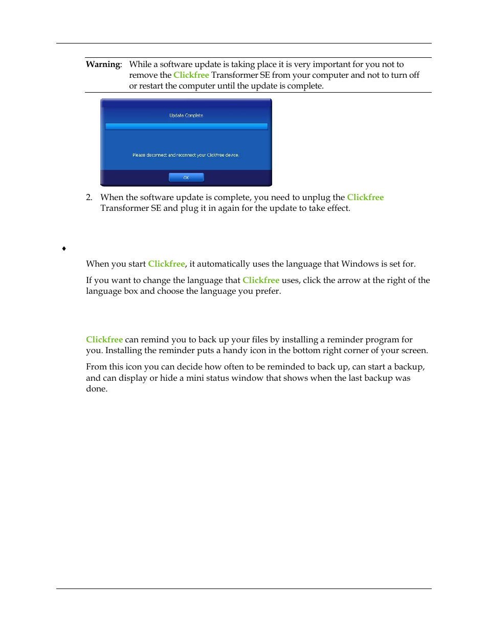 Interface language, Reminder and the clickfree icon, Interface language 56 | Eminder and the, Lickfree icon | Clickfree Transformer SE User Manual | Page 56 / 132