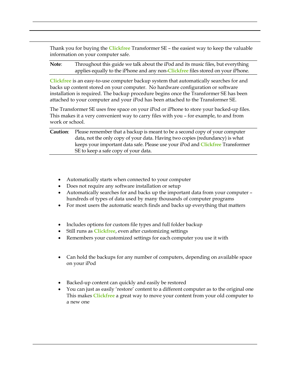 Introducing clickfree transformer se (ipod), Main features, Ntroducing | Lickfree, Ransformer | Clickfree Transformer SE User Manual | Page 70 / 132