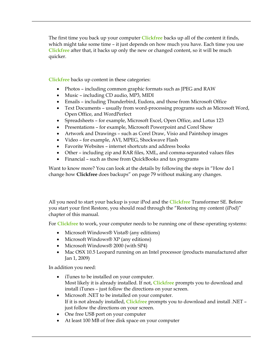 What content categories does clickfree back up, What do i need before i start, T every t | Does clickfree back up all of my conten, What content categories does clickfree back up? 73, Hat do, Need before, Start | Clickfree Transformer SE User Manual | Page 73 / 132