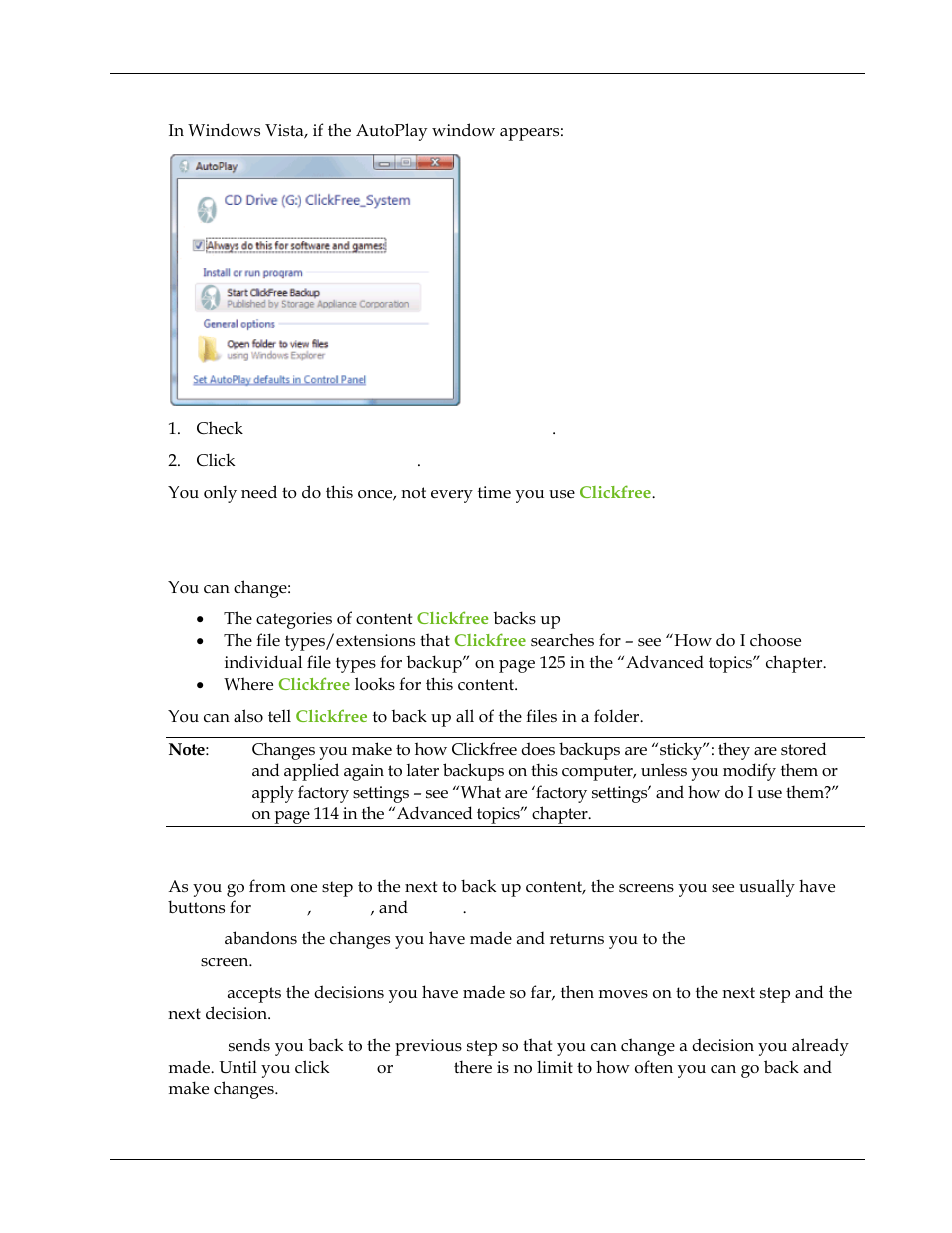 What if the vista autoplay window appears, How do i change how clickfree does backups, What if the vista autoplay window appears? 79 | Ow do, Change how, Lickfree does ba, How do, I change how clickfree does backups, See “how do i change how clickfree does backups | Clickfree Transformer SE User Manual | Page 79 / 132
