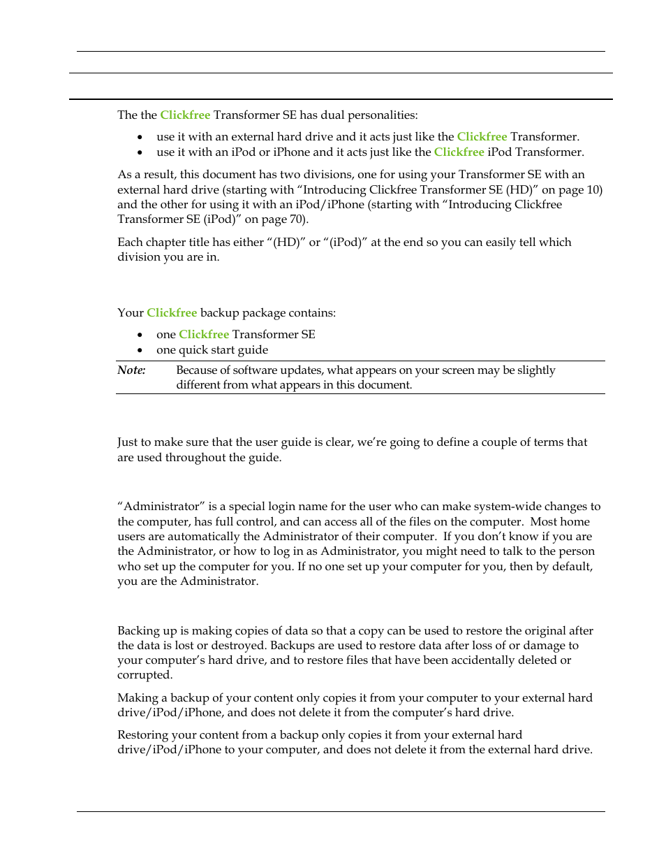 Using the clickfree transformer se, Package contents, Definitions | Sing the, Lickfree, Ransformer | Clickfree Transformer SE User Manual | Page 8 / 132