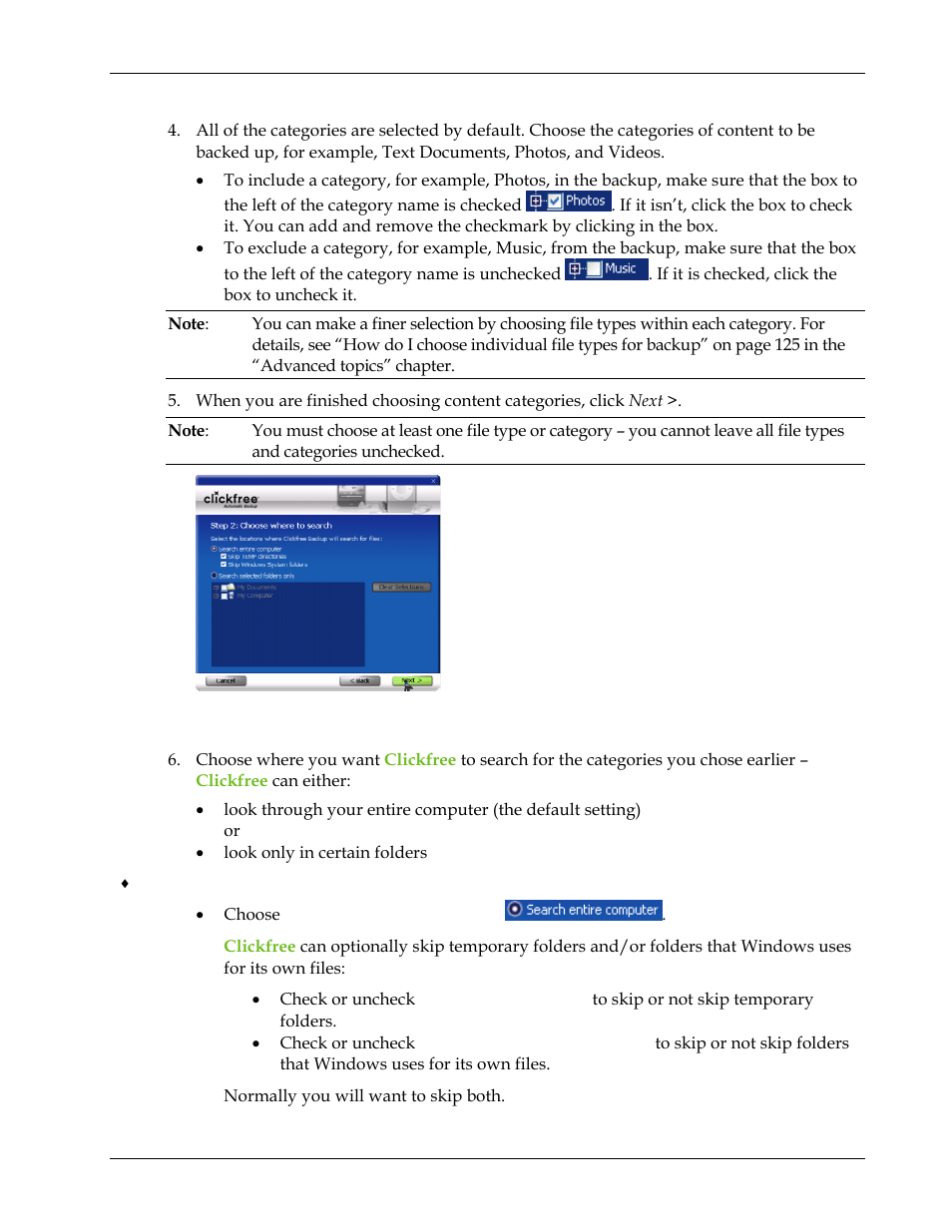 T – required, Choosing locations to search for conten | Clickfree Transformer SE User Manual | Page 81 / 132