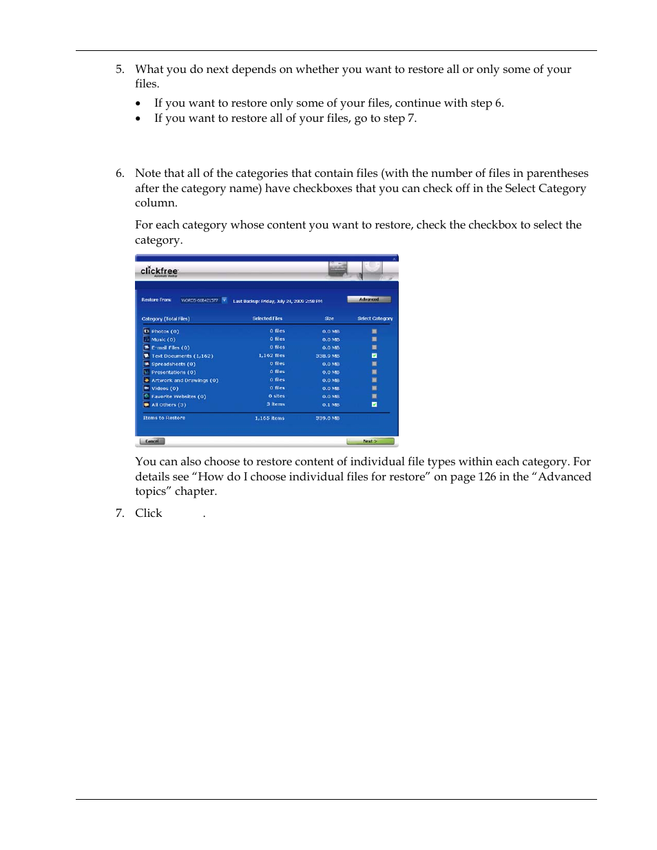 Choosing categories of content to be restored, Choosing the computer to restore from | Clickfree Transformer SE User Manual | Page 96 / 132