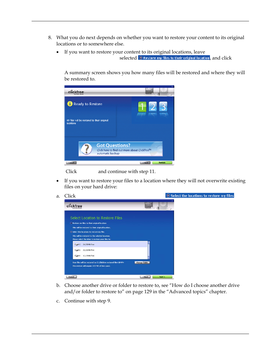 Choosing where to restore content to, Choosing categories of content to be restored | Clickfree Transformer SE User Manual | Page 97 / 132