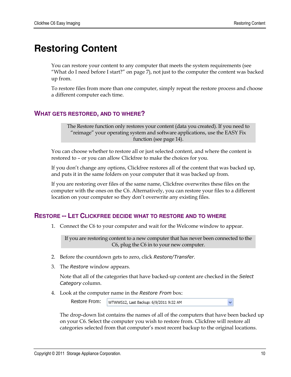 Restoring content | Clickfree C6 User Manual | Page 10 / 24