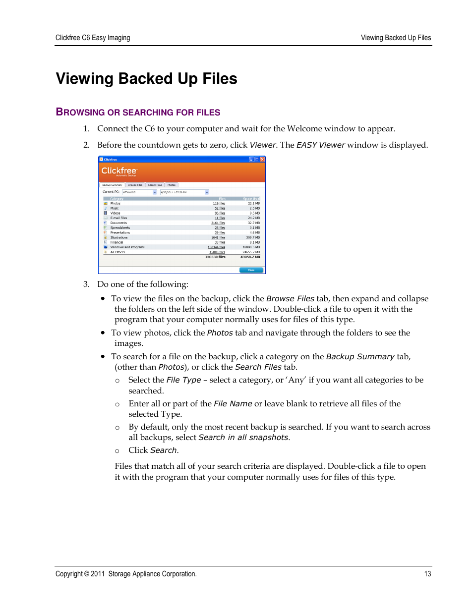 Viewing backed up files | Clickfree C6 User Manual | Page 13 / 24