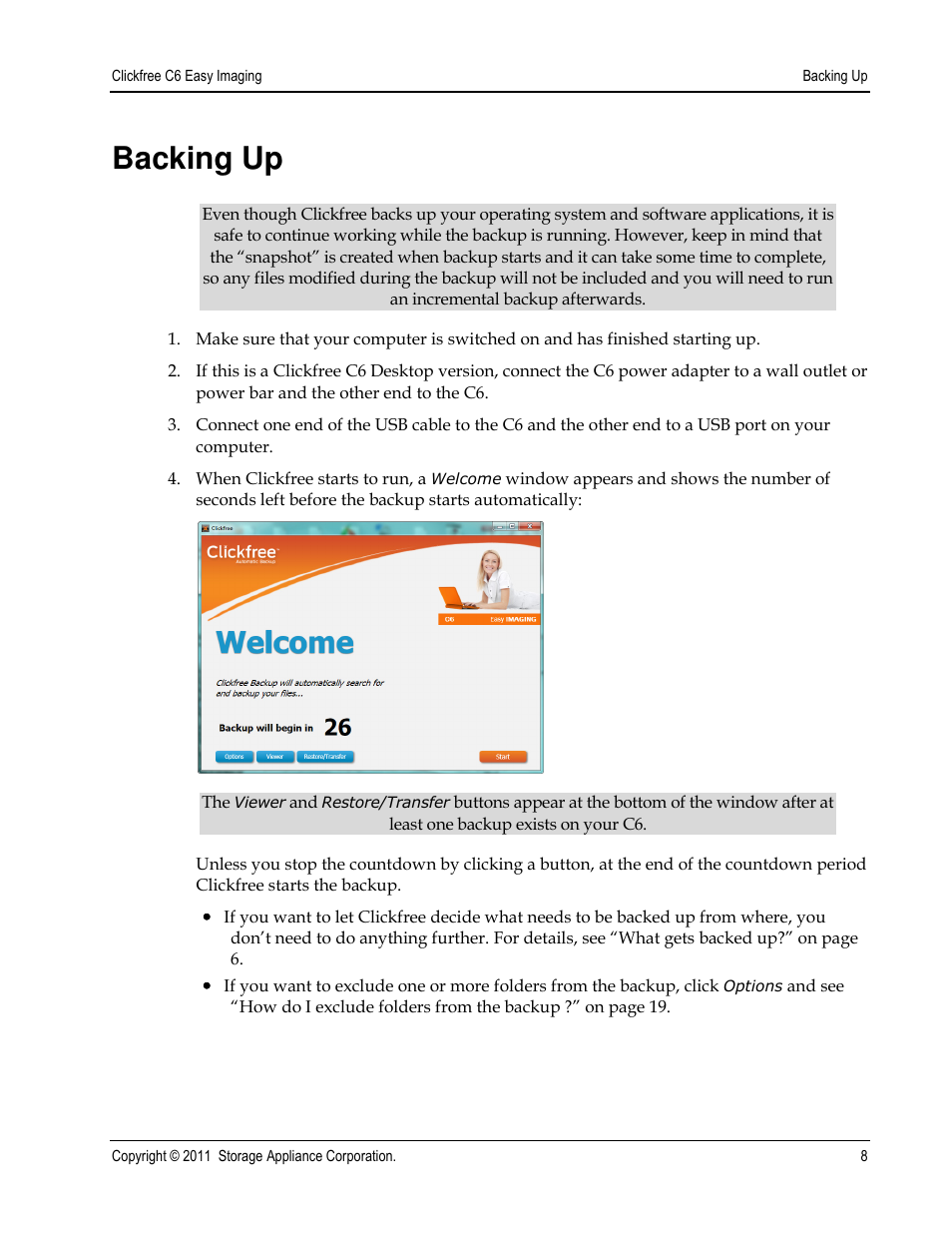 Backing up | Clickfree C6 User Manual | Page 8 / 24