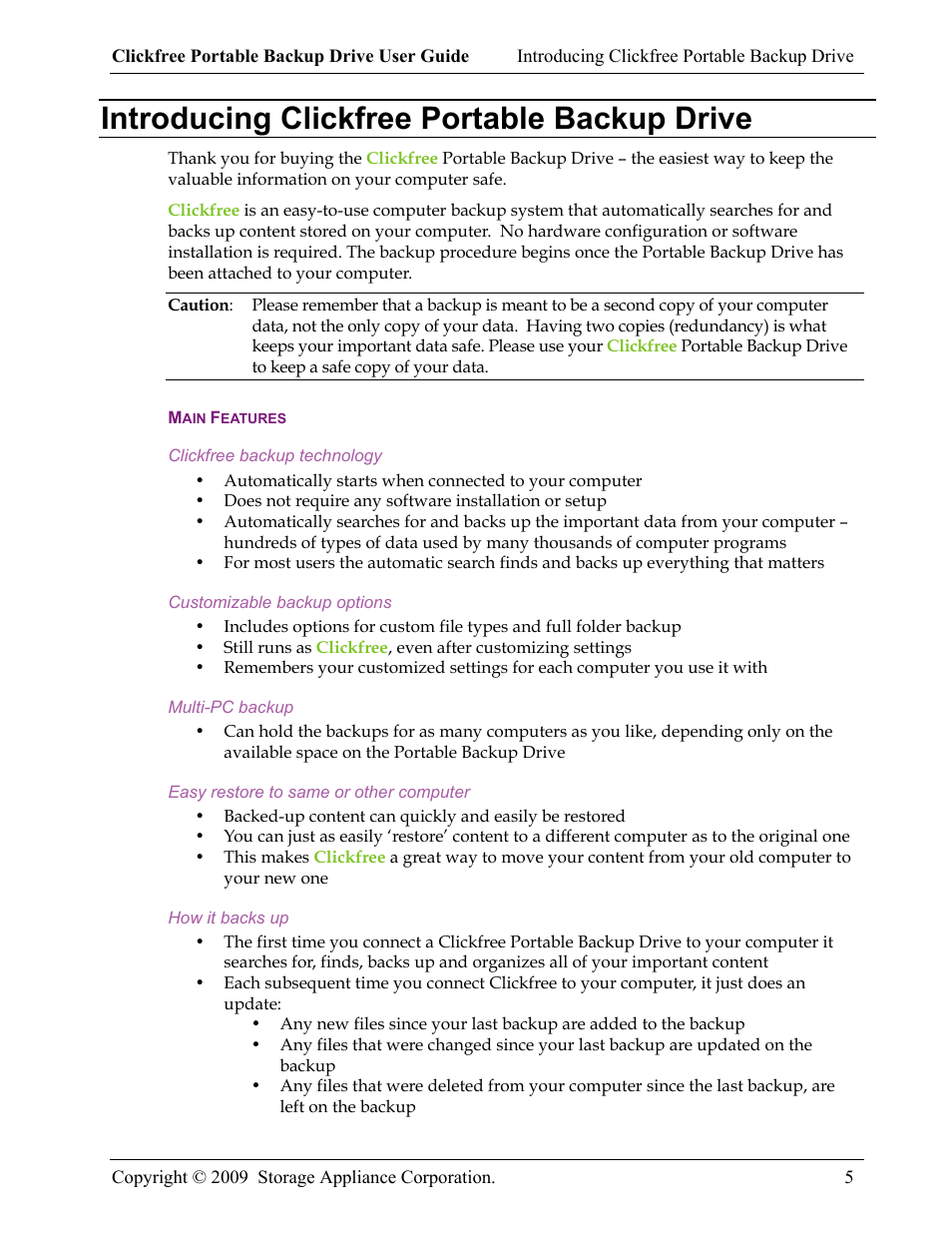 Introducing clickfree portable backup drive | Storage Appliance HD325 User Manual | Page 5 / 65