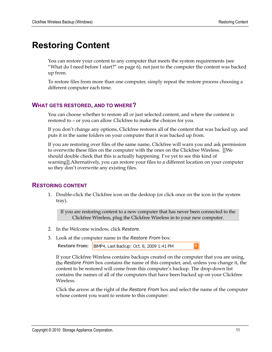 Restoring content | Clickfree Wireless User Manual | Page 11 / 24