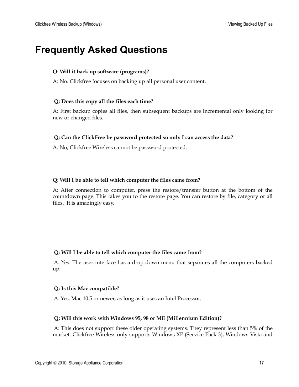 Frequently asked questions | Clickfree Wireless User Manual | Page 17 / 24