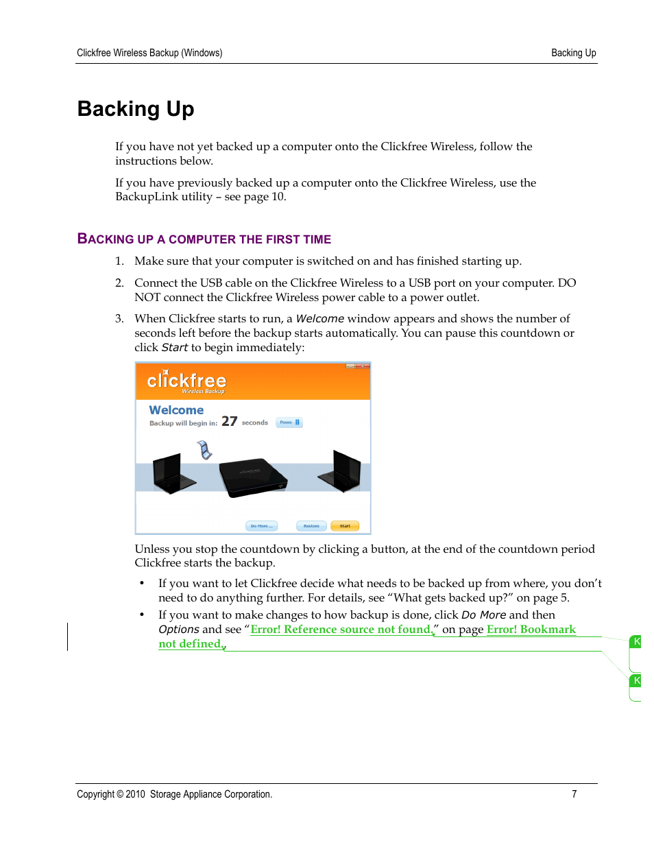 Backing up | Clickfree Wireless User Manual | Page 7 / 24
