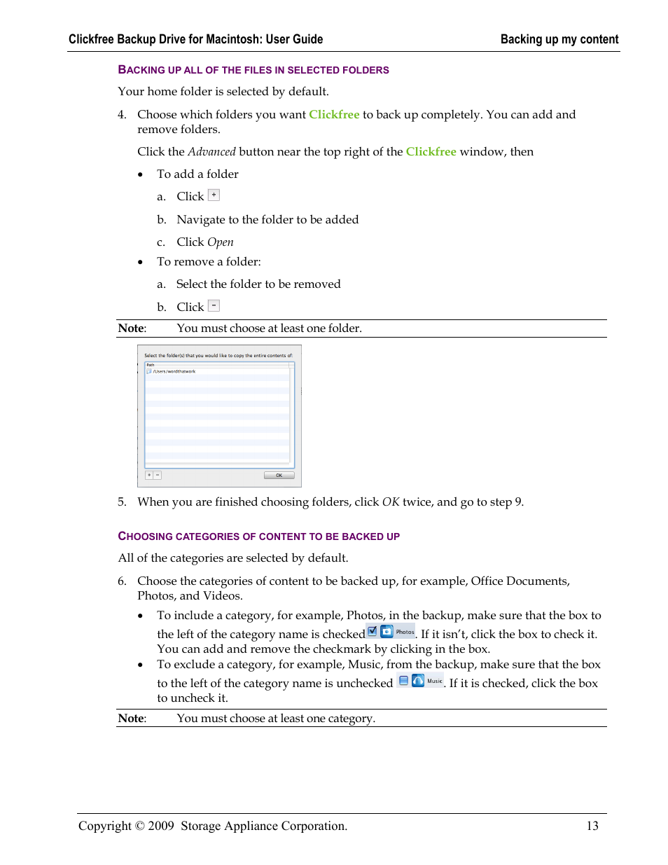 Backing up all of the files in selected folders, Choosing categories of content to be backed up, Backing up all of the files in selected folders 13 | Choosing categories of content to be backed up 13, Go to step 4, Step 6 | Clickfree Backup Drive User Manual | Page 13 / 33