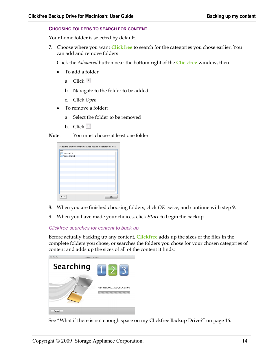 Choosing folders to search for content, Choosing folders to search for content 14 | Clickfree Backup Drive User Manual | Page 14 / 33