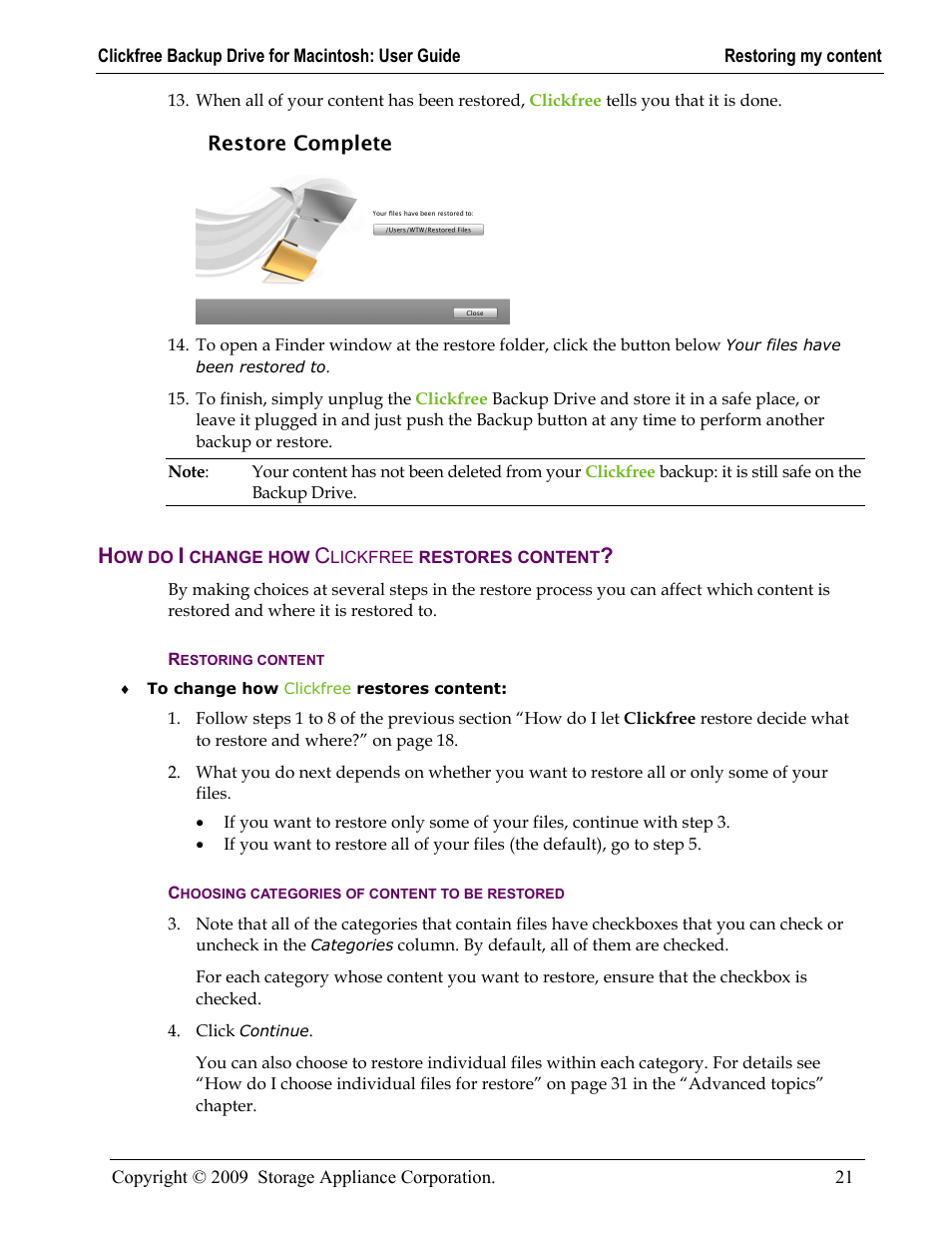 How do i change how clickfree restores content, Restoring content, Choosing categories of content to be restored | Ow do, Change how, Lickfree restores content, Restoring content 21, Choosing categories of content to be restored 21 | Clickfree Backup Drive User Manual | Page 21 / 33