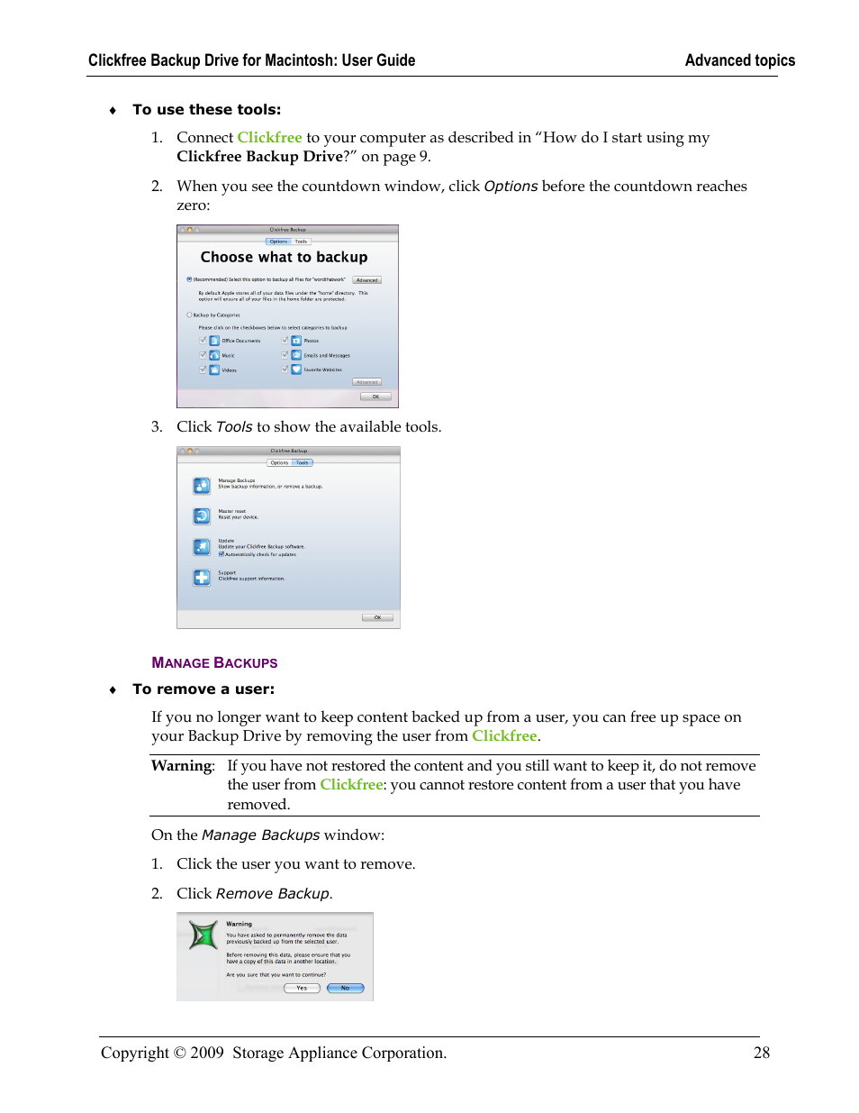 Manage backups, Manage backups 28 | Clickfree Backup Drive User Manual | Page 28 / 33