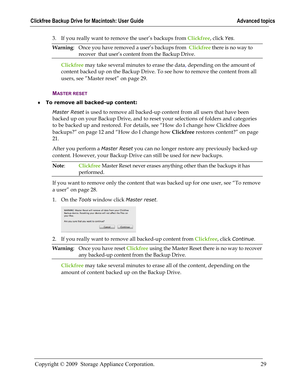 Master reset | Clickfree Backup Drive User Manual | Page 29 / 33