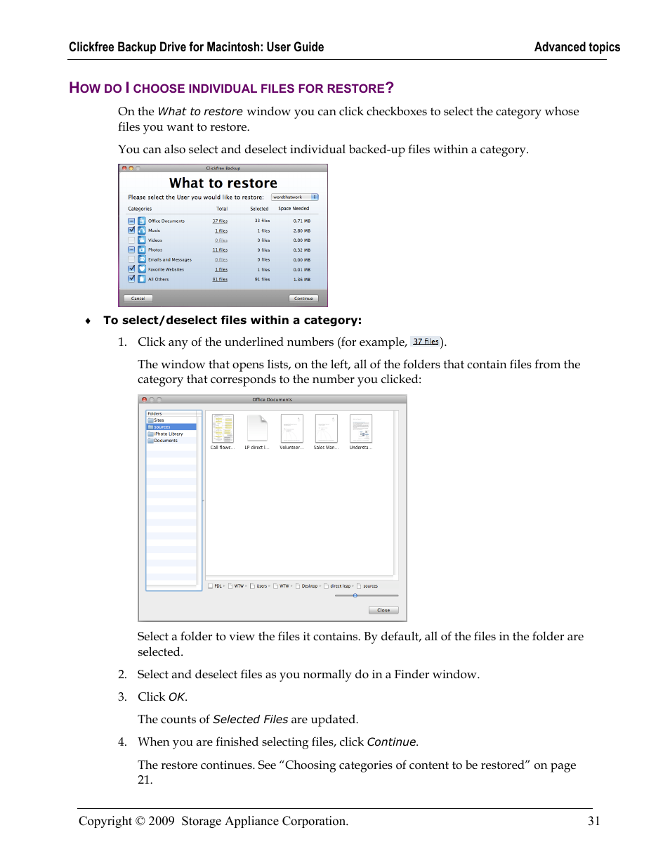 How do i choose individual files for restore, Ow do, Choose individual files for restore | 31 in the | Clickfree Backup Drive User Manual | Page 31 / 33