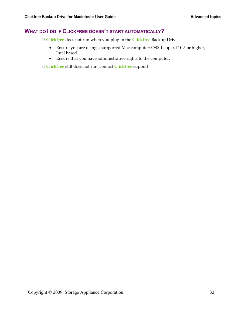 Hat do, Do if, Lickfree doesn | T start automatically | Clickfree Backup Drive User Manual | Page 32 / 33