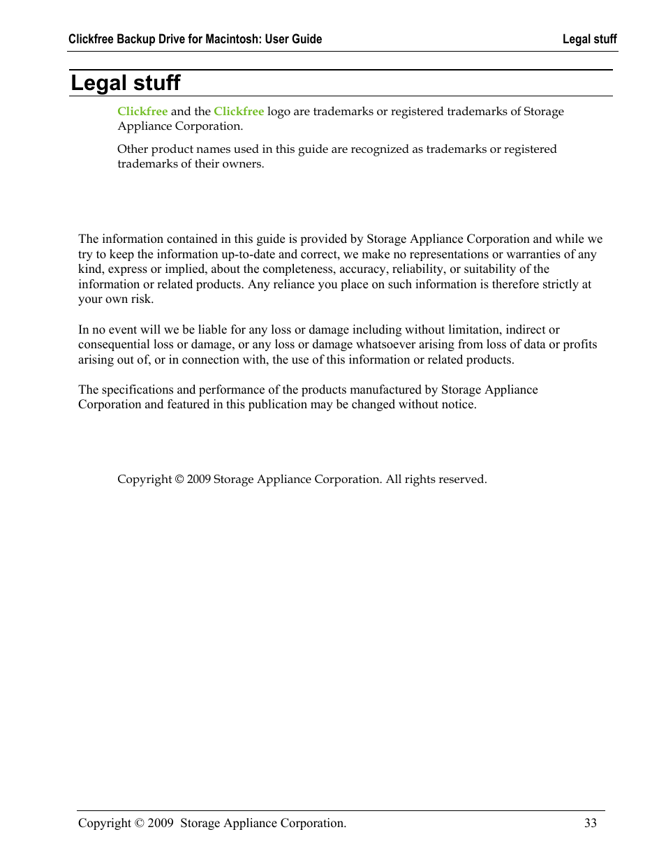 Legal stuff, Egal stuff | Clickfree Backup Drive User Manual | Page 33 / 33