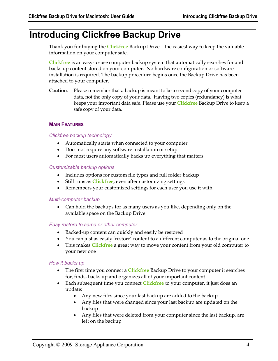 Introducing clickfree backup drive, Main features, Ntroducing | Lickfree, Ackup, Rive | Clickfree Backup Drive User Manual | Page 4 / 33