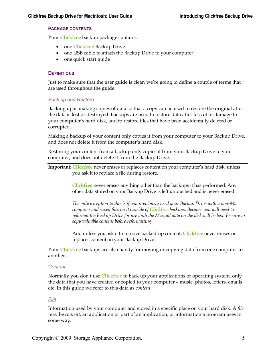 Package contents, Definitions | Clickfree Backup Drive User Manual | Page 5 / 33