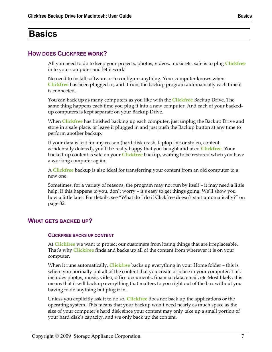 Basics, How does clickfree work, What gets backed up | Clickfree backs up content, Asics, Ow does, Lickfree work, Hat gets backed up | Clickfree Backup Drive User Manual | Page 7 / 33