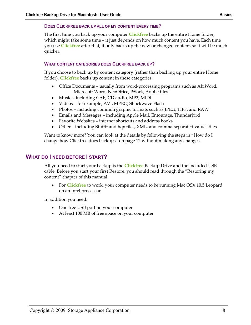 What content categories does clickfree back up, What do i need before i start, Hat do | Need before, Start | Clickfree Backup Drive User Manual | Page 8 / 33