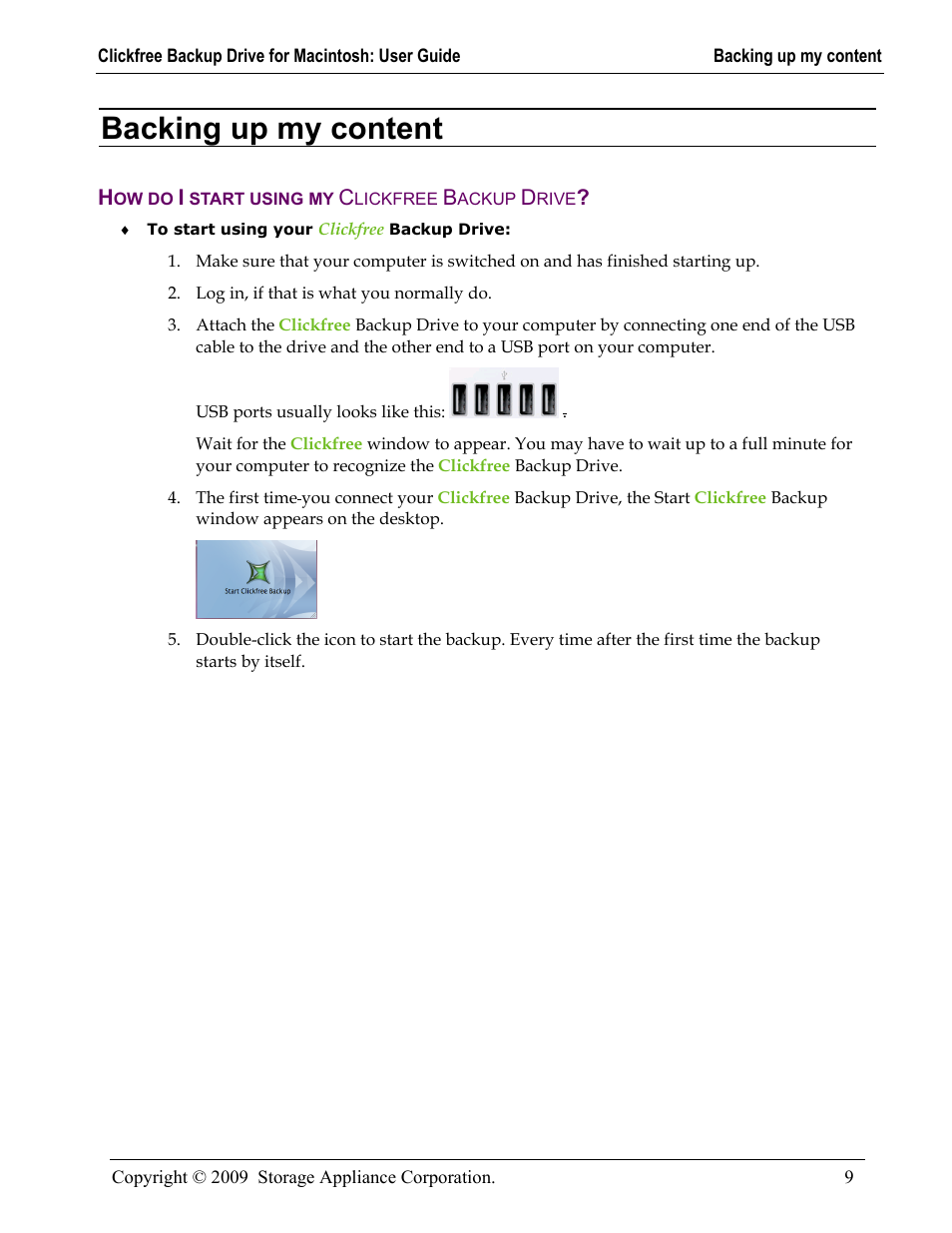 Backing up my content, How do i start using my clickfree backup drive, Acking up my content | Ow do, Start using my, Lickfree, Ackup, Rive | Clickfree Backup Drive User Manual | Page 9 / 33