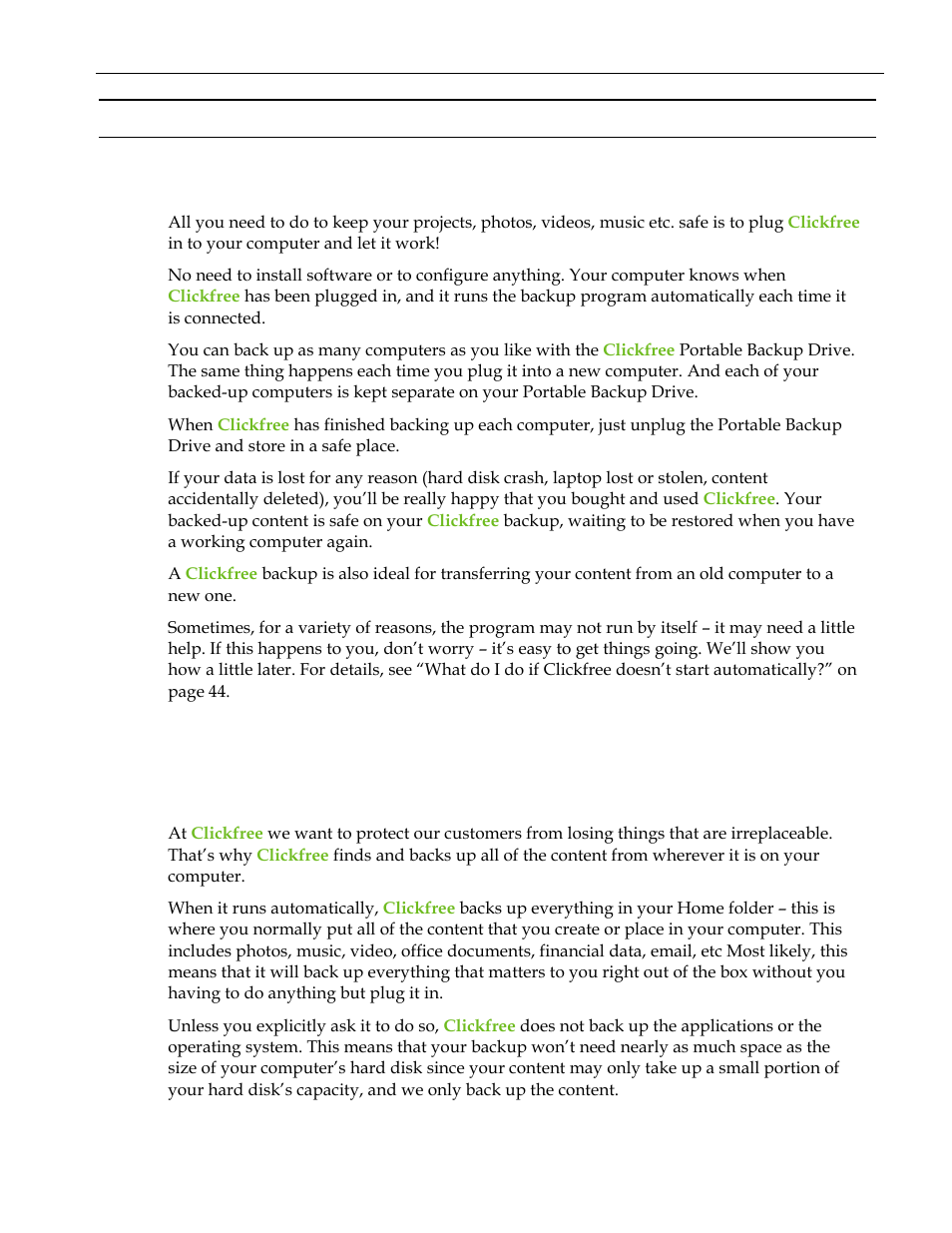Basics (hd), How does clickfree work, What gets backed up | Clickfree backs up content, Asics, Hd) 10, Ow does, Lickfree work, Hat gets backed up | Clickfree C2 User Manual | Page 10 / 76