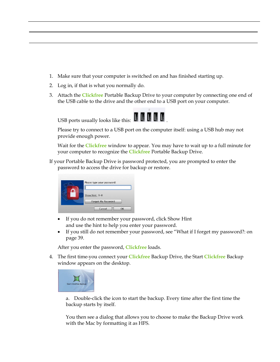 Backing up my content (hd), Acking up my content, Hd) 12 | Ow do, Start using my, Lickfree, Ortable, Ackup, Rive, Hd)? 12 | Clickfree C2 User Manual | Page 12 / 76