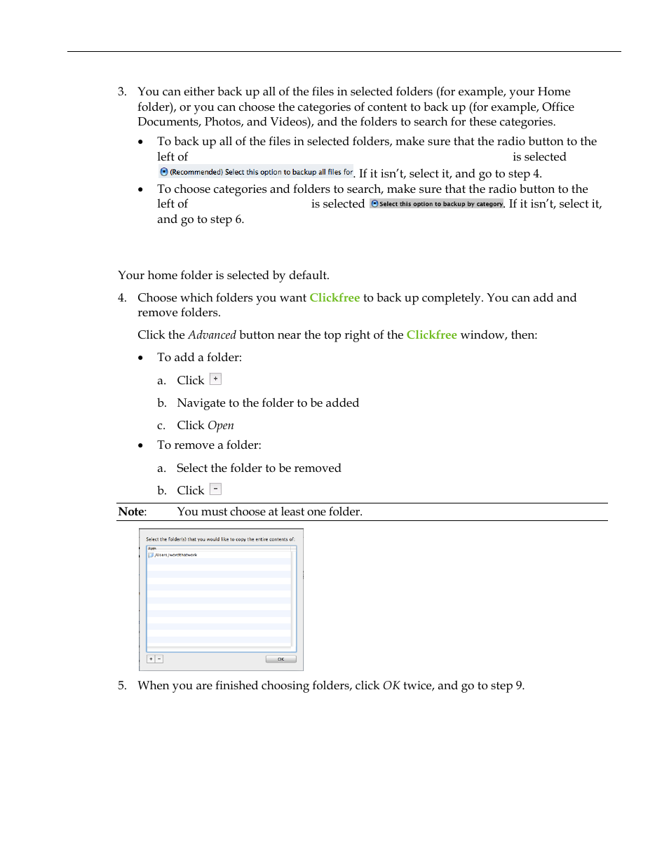 Choosing what to back up, Backing up all of the files in selected folders | Clickfree C2 User Manual | Page 16 / 76