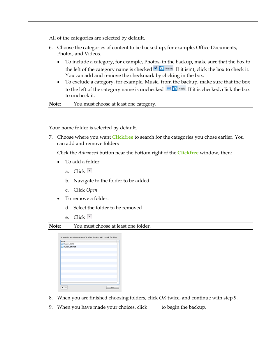 Choosing categories of content to be backed up, Choosing folders to search for content | Clickfree C2 User Manual | Page 17 / 76