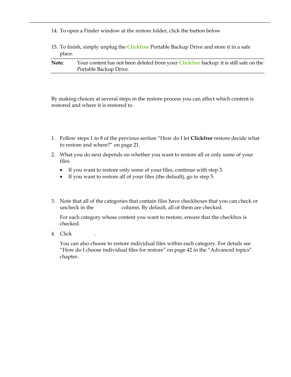 How do i change how clickfree restores content, Restoring content, Choosing categories of content to be restored | Ow do, Change how, Lickfree restores content | Clickfree C2 User Manual | Page 25 / 76