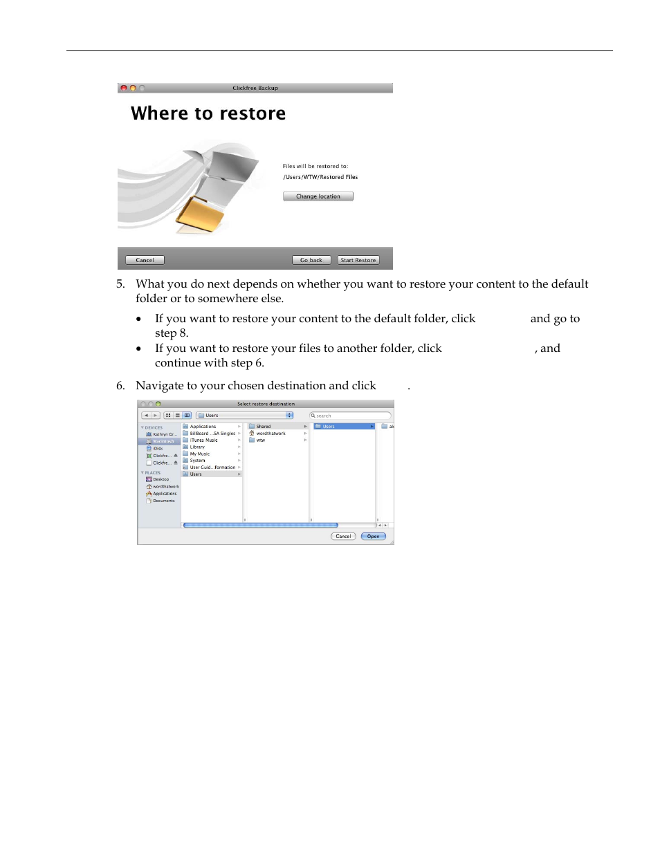 Choosing where to restore content to, Step 3, Go to step 5 | Clickfree C2 User Manual | Page 26 / 76