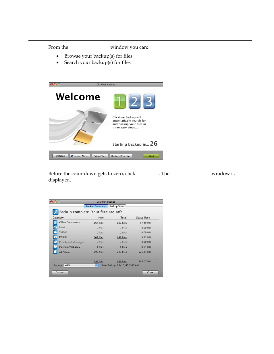 Browsing & searching for my files (hd), Starting from the welcome window, From the backup summary window | Rowsing, Searching for my files, Hd) 29 | Clickfree C2 User Manual | Page 29 / 76