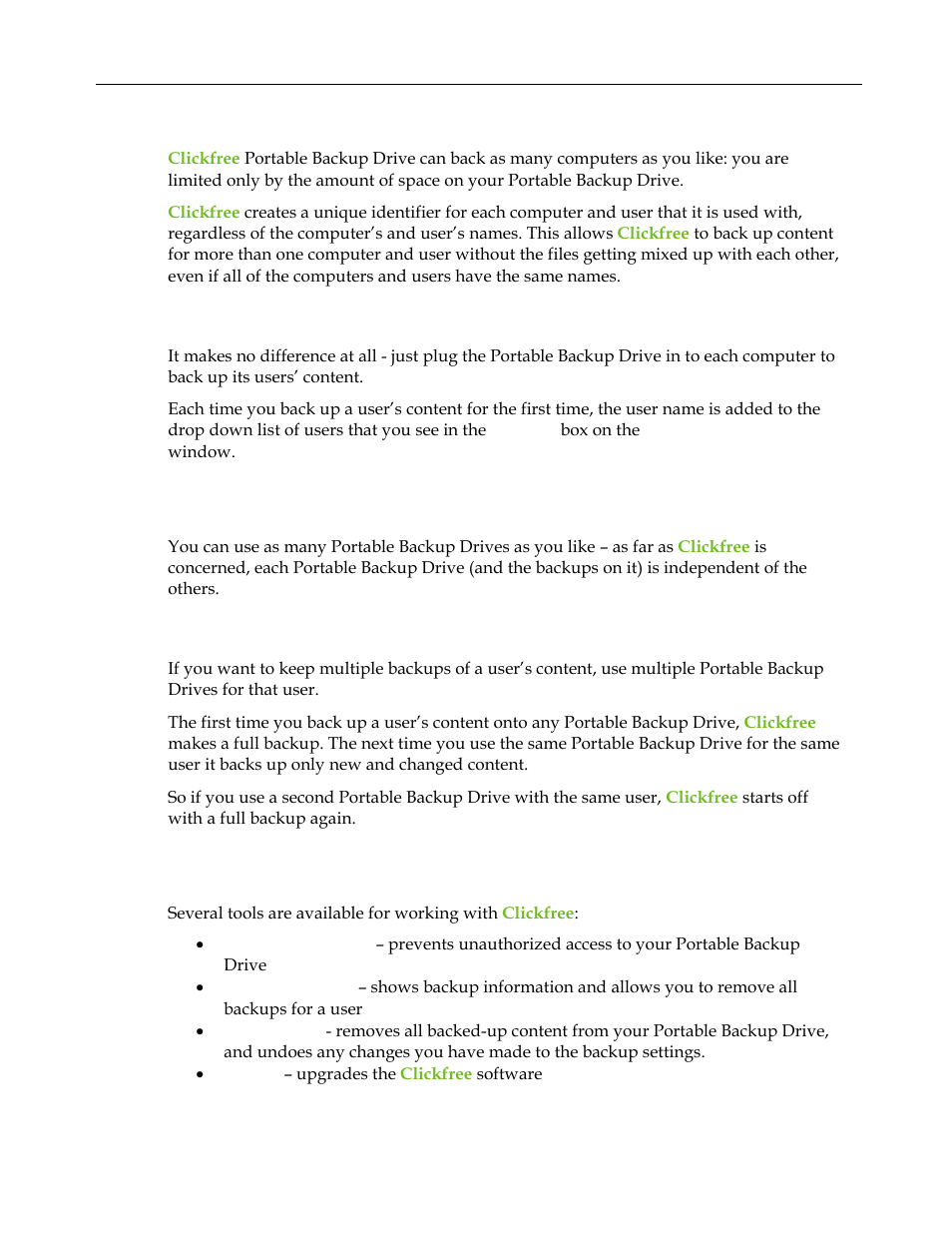 What if i have more than one computer, What if i use more than one portable backup drive, How do i make multiple backups | Clickfree tools, Hat if, Have more than one computer, Use more than one, Ortable, Ackup, Rive | Clickfree C2 User Manual | Page 35 / 76