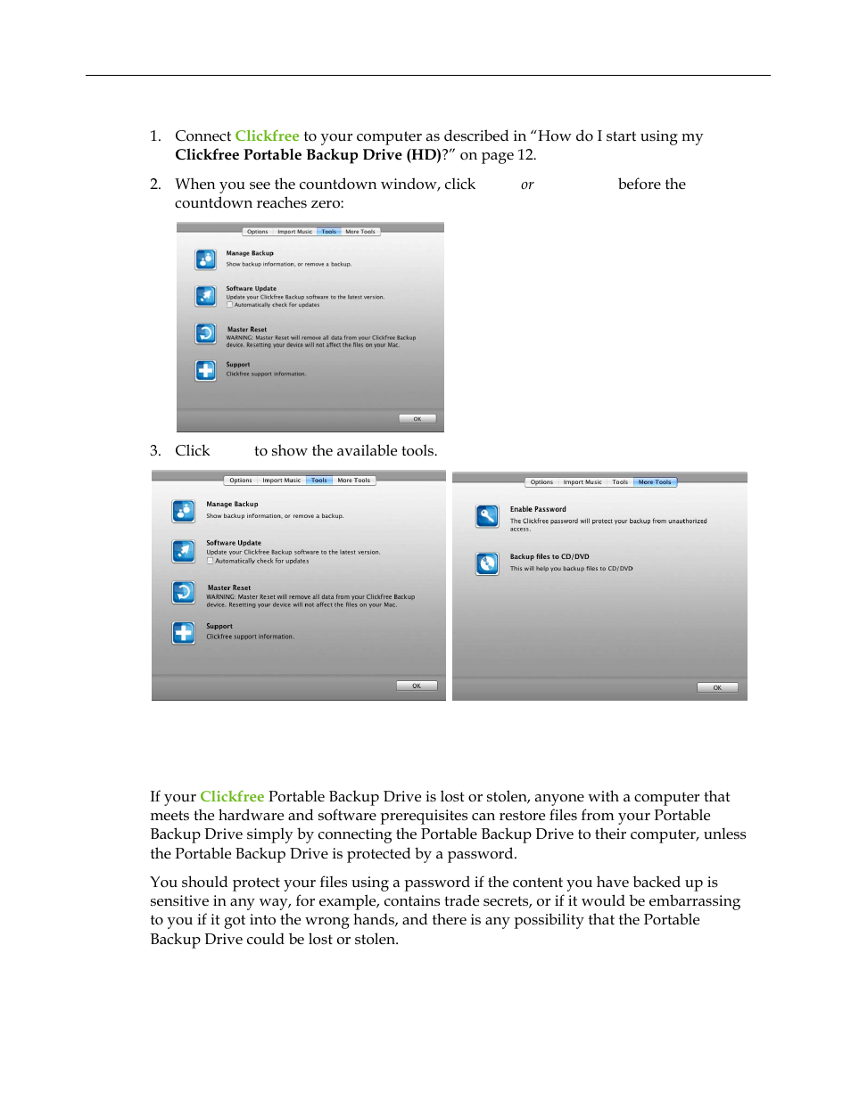How do i use password protection, Do my files need password protection | Clickfree C2 User Manual | Page 36 / 76