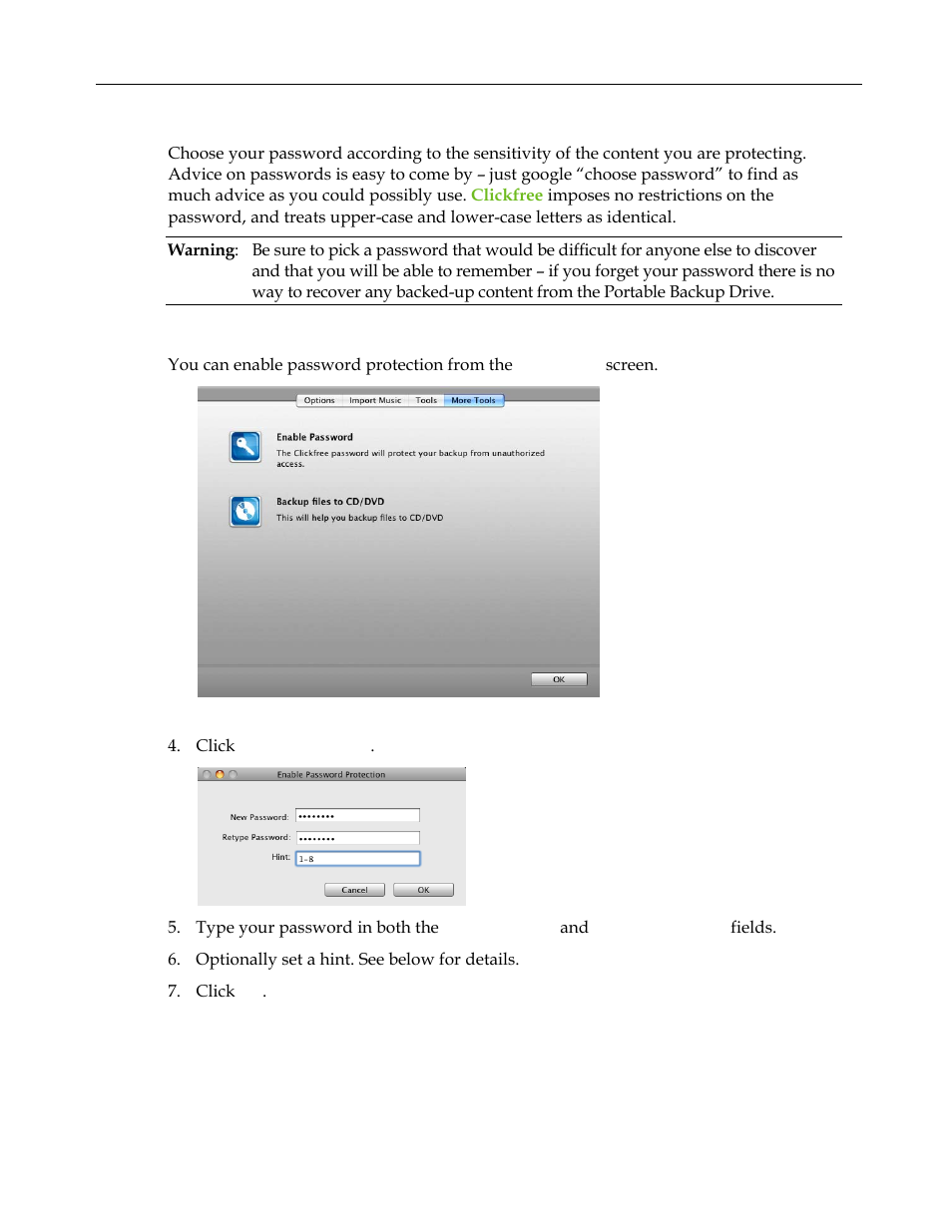 How do i choose a password, How do i enable password protection | Clickfree C2 User Manual | Page 37 / 76