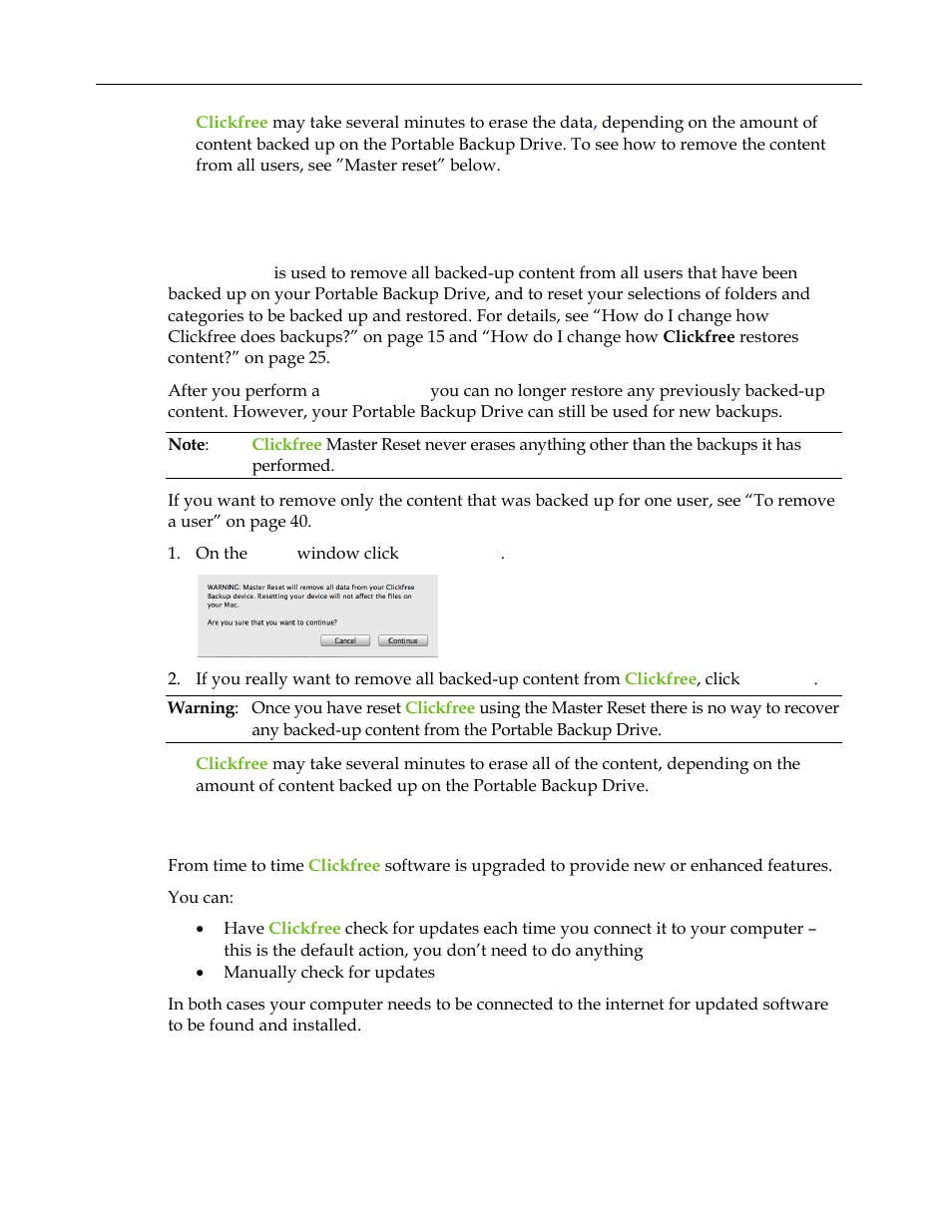 Master reset, Updating clickfree software | Clickfree C2 User Manual | Page 41 / 76