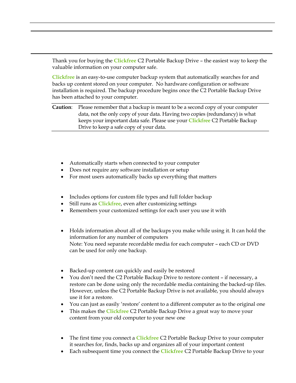 Main features, Clickfree backup technology, Customizable backup options | Multi-computer backup, Easy restore to same or other computer, How it backs up, Ntroducing, Lickfree, Ortable, Ackup | Clickfree C2 User Manual | Page 45 / 76